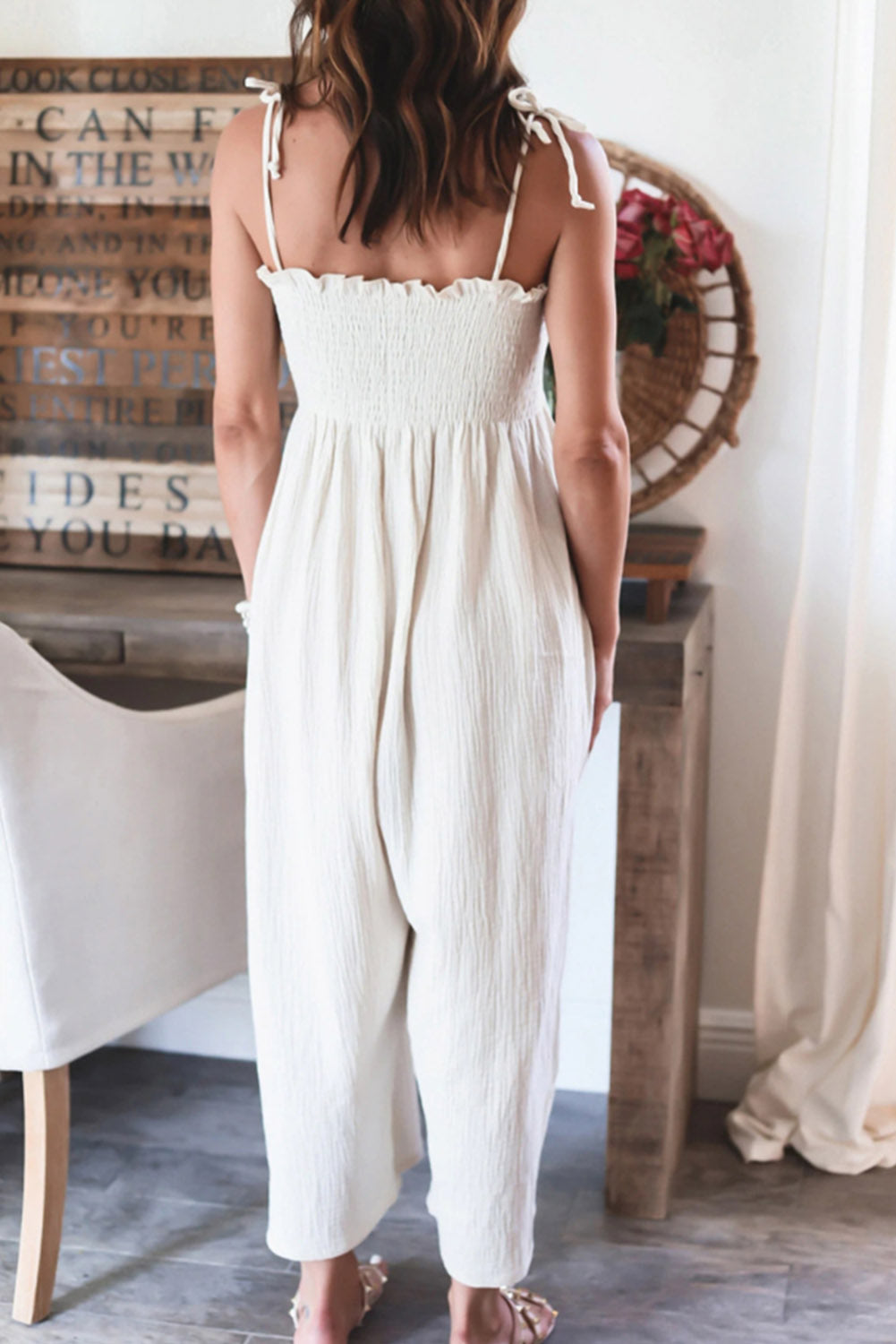 Smocked Spaghetti Straps High Waist Wide Leg Jumpsuit