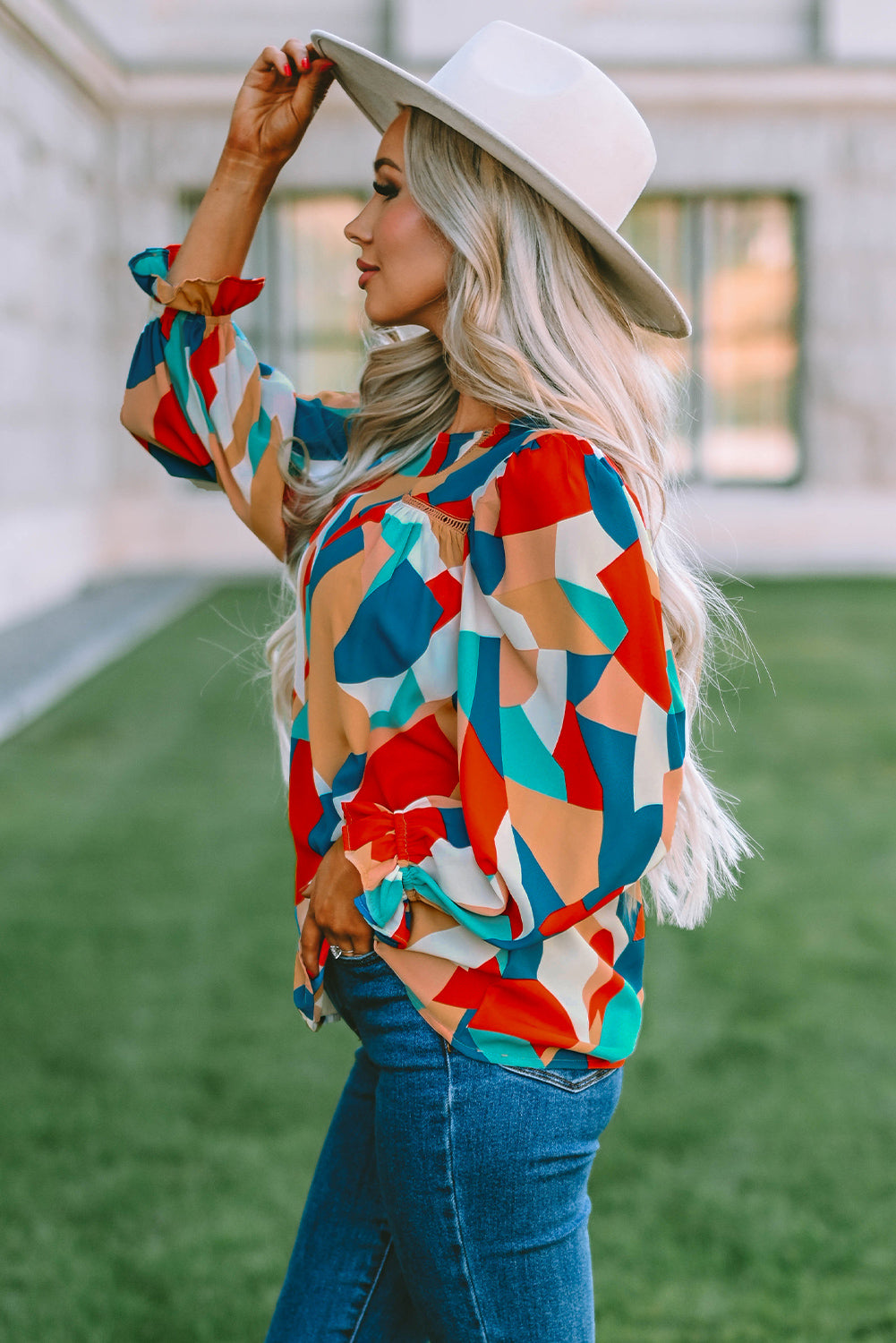 Abstract Pattern Crewneck Ruffled Puff Sleeve Blouse