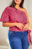 Plus Slant One Shoulder Leopard Tie Drape Blouse