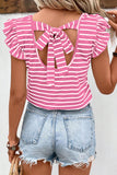 Pink Stripe Butterfly Sleeve V Neck Hollowed Knot Back T Shirt