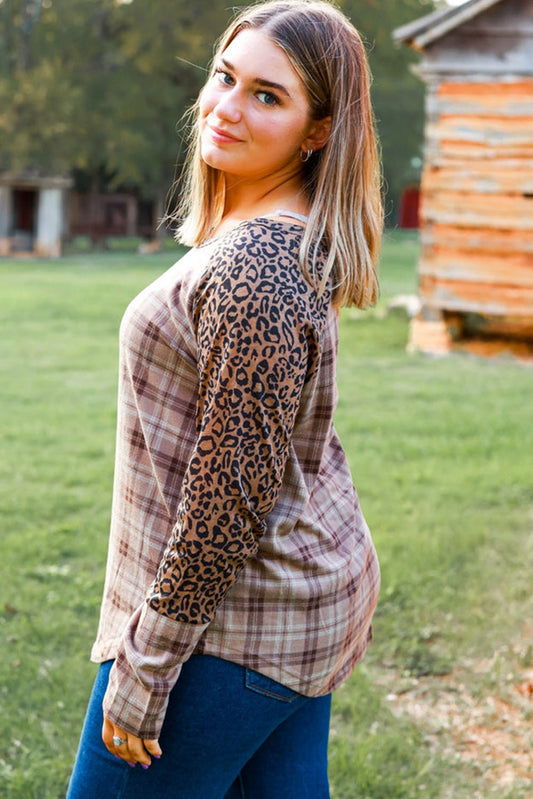 Plus Size Leopard Raglan Sleeve Plaid Top