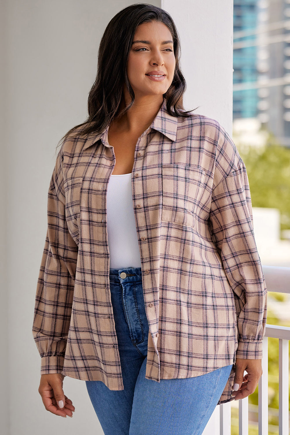 Plus Size Plaid Print Buttoned Oversized Tunic Shirt