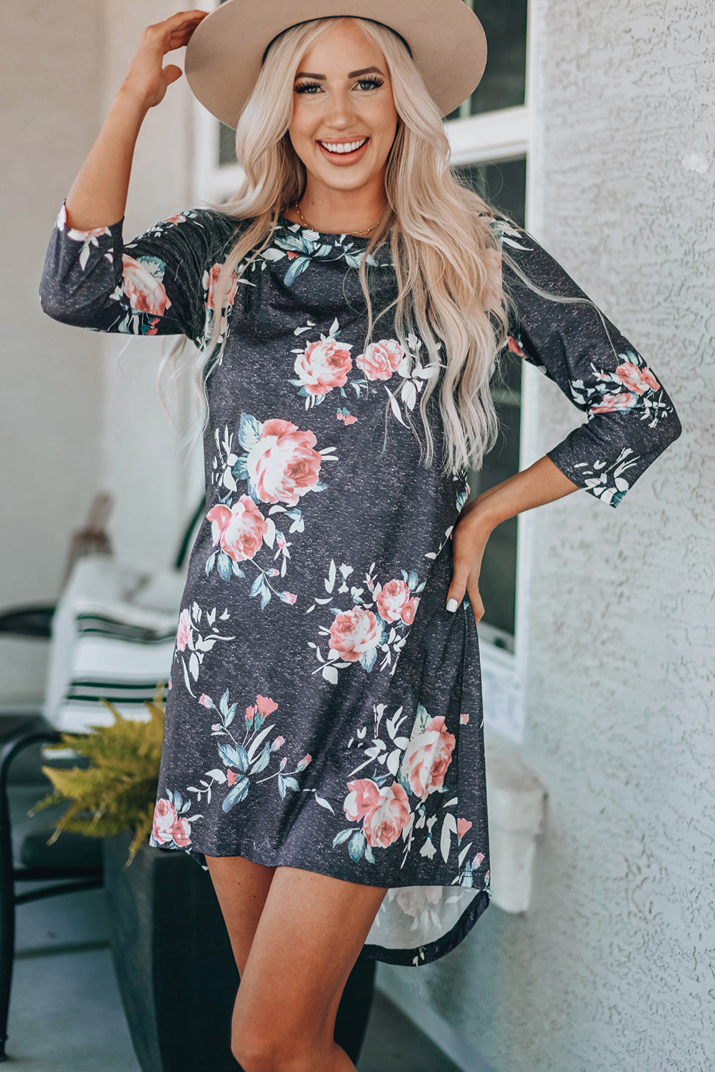 Vintage Floral 3/4 Sleeves T-shirt Dress