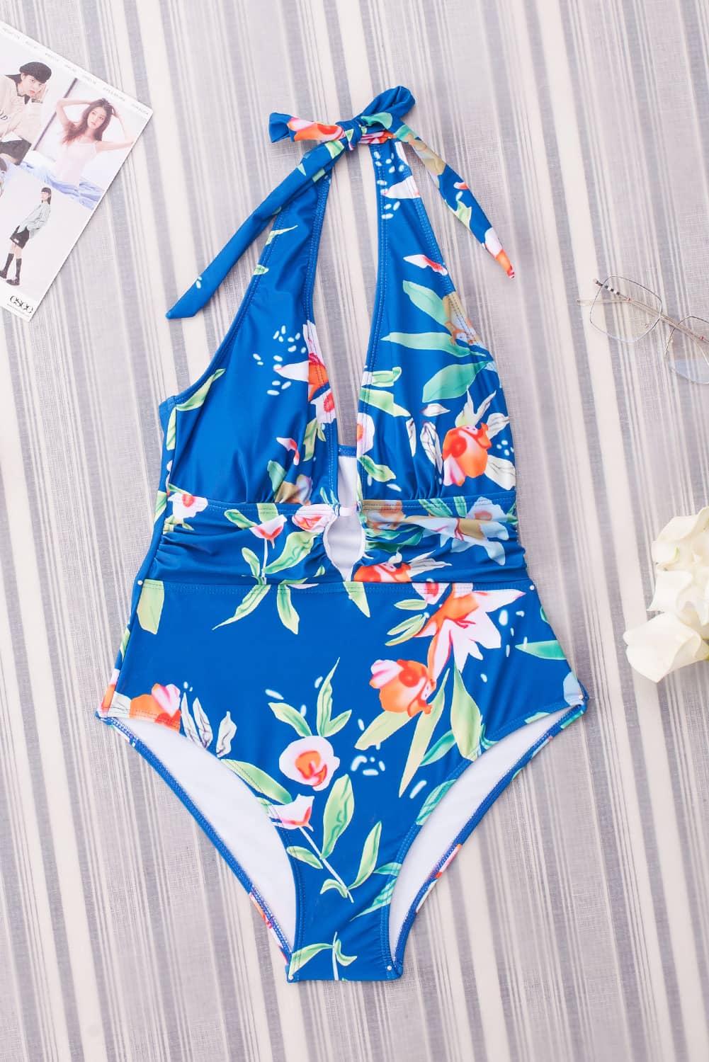 Floral Print Deep V Halter Backless One-piece Swimwear