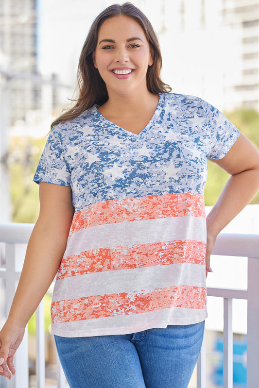 Plus Size Vintage American Flag Print V Neck T Shirt