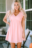 Ruffle Short Sleeves V Neck Pocket Mini Dress