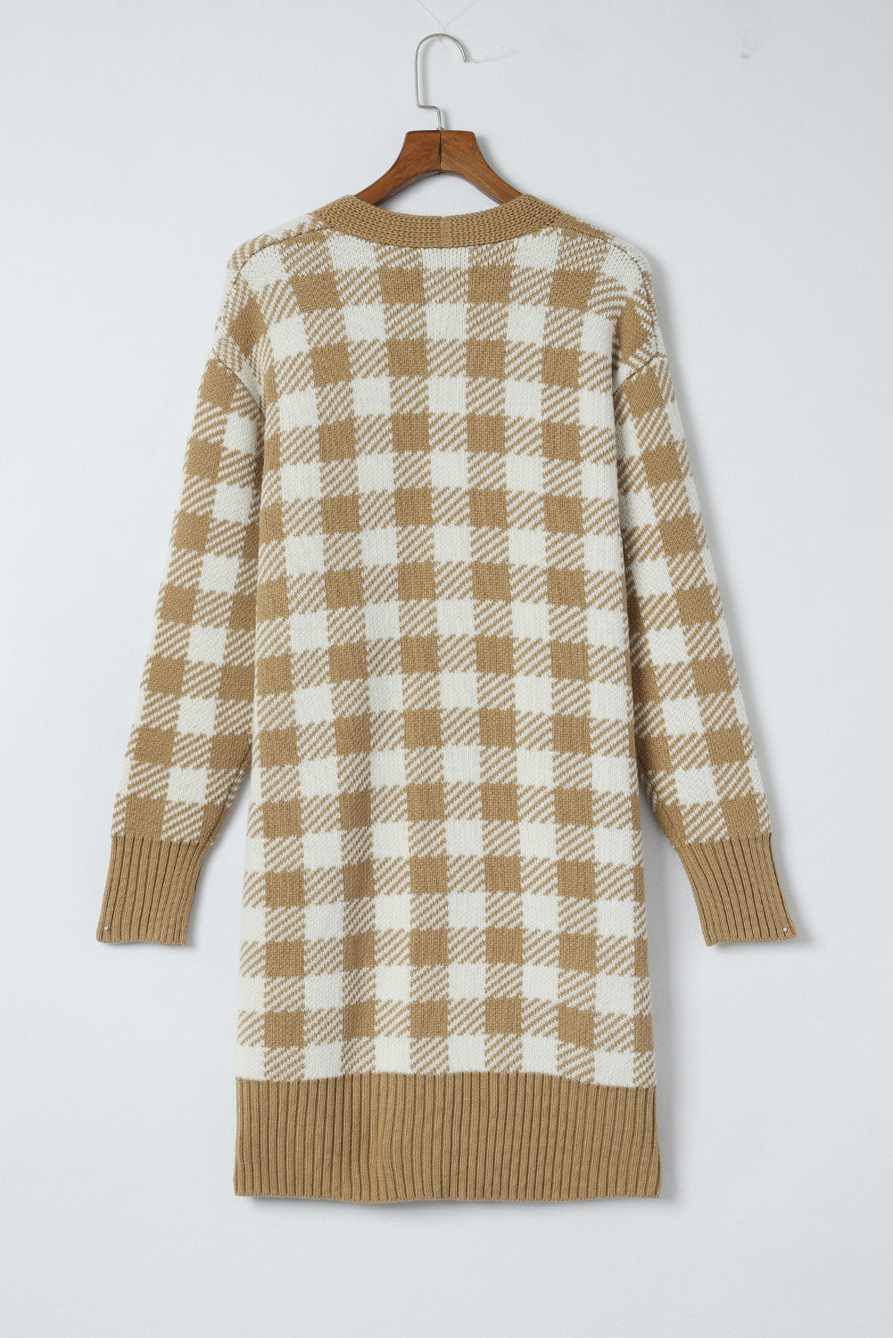 Plaid Pattern Ribbed Trim Long Cardigan