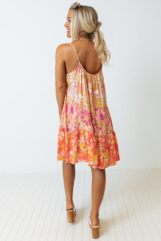 Floral Print Tiered Spaghetti Straps Shift Dress