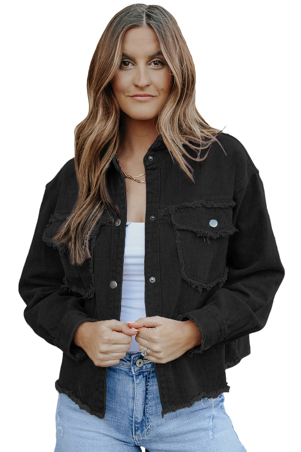 Distressed Flap Pockets Frayed Hemline Denim Jacket