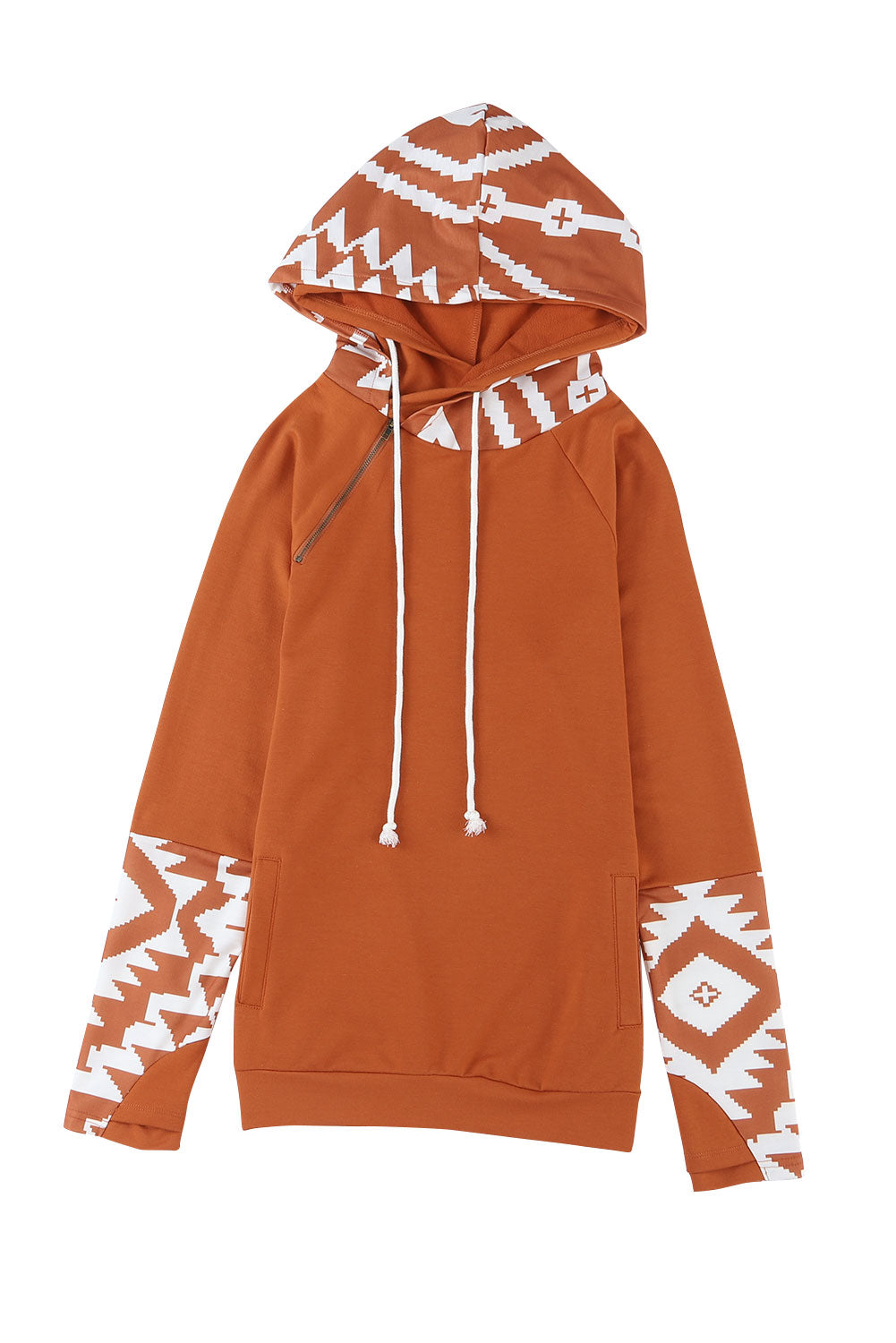 Aztec Print Patchwork Thumb Hole Hoodie