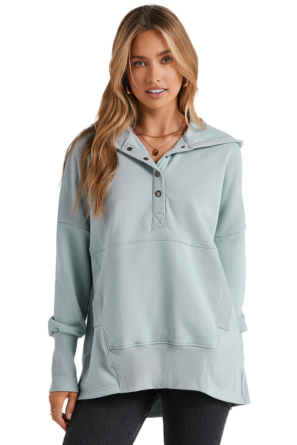 Sweat à capuche Henley avec poche et manches chauve-souris turquoise