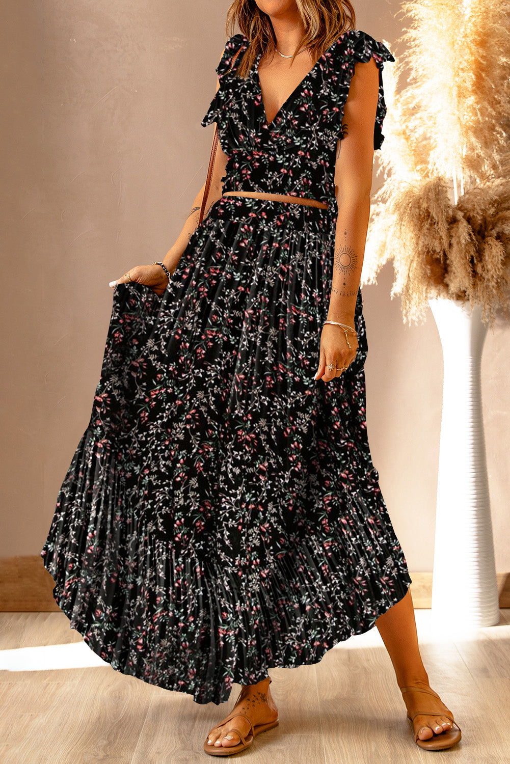 Floral Ruffled Crop Top and Maxi Skirt Set