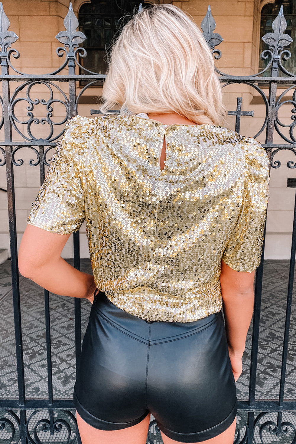 Keyhole Back Sequin Puff Sleeve T Shirt