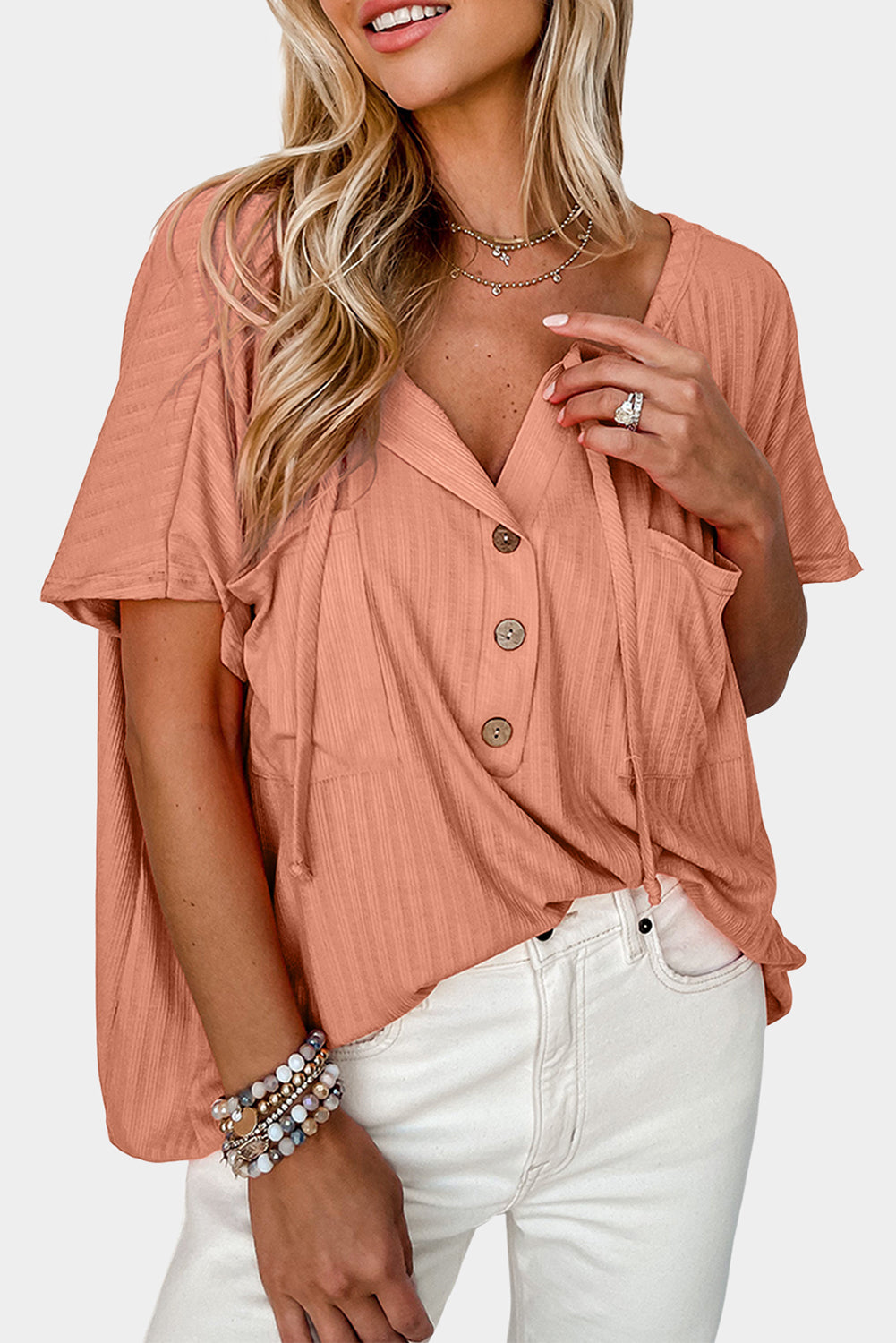 Notched V Neck Buttoned Front Textured Loose Top