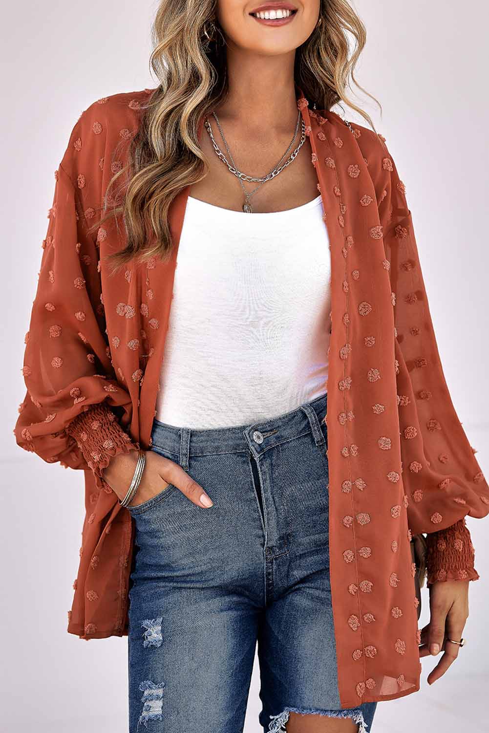 Swiss Dot Shirred Cuff Open Front Cardigan