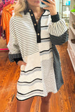 Black Stripe Colorblock Knit Henley Collar Shift Long Sleeve Mini Dress