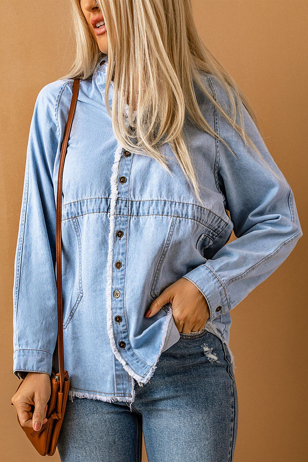 Chambray Pocketed Frayed Shirt