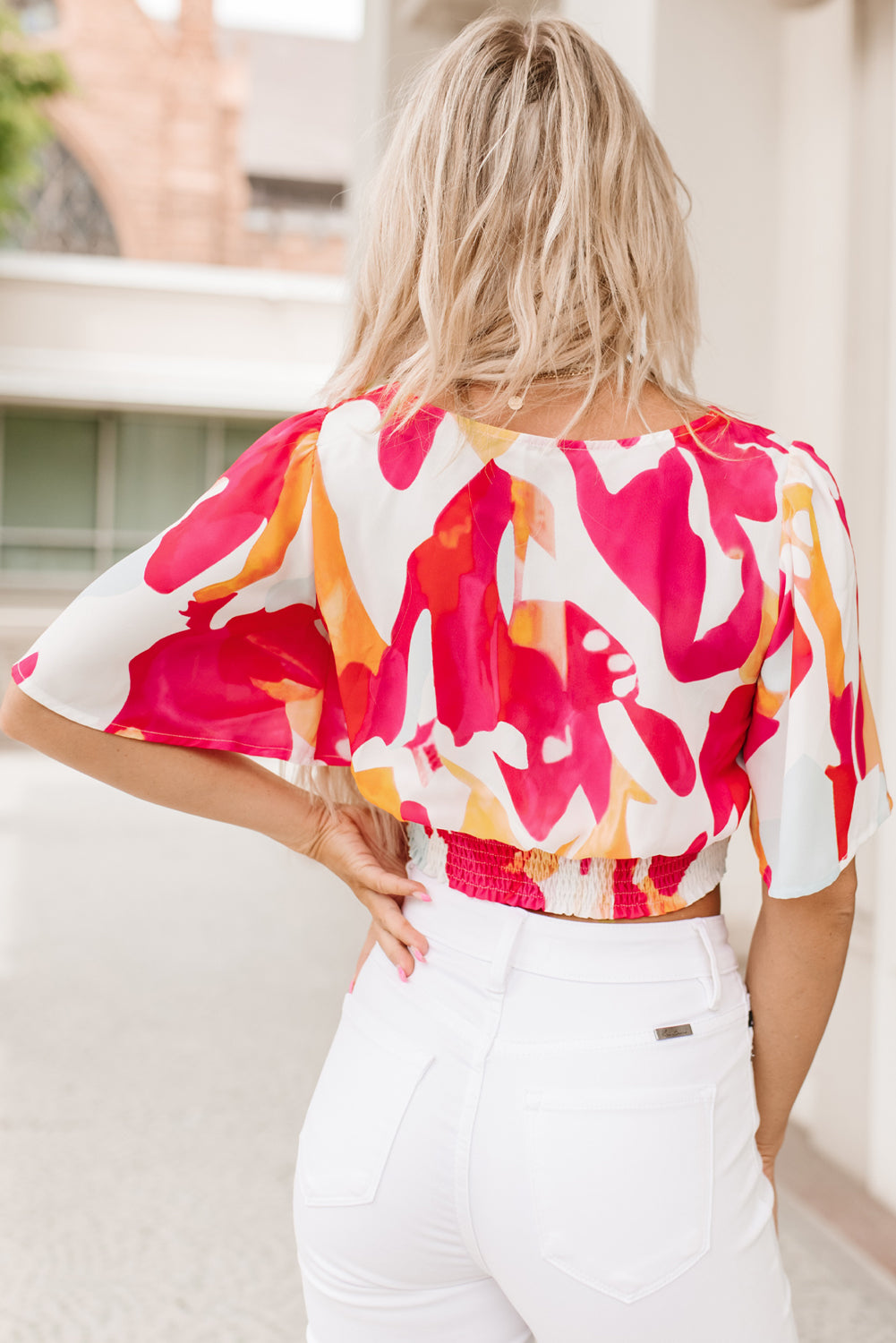 Abstract Print V Neck Twist Front Cropped Blouse