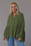 Henley Button Drop Shoulder Loose Sleeve Raw Edge Top