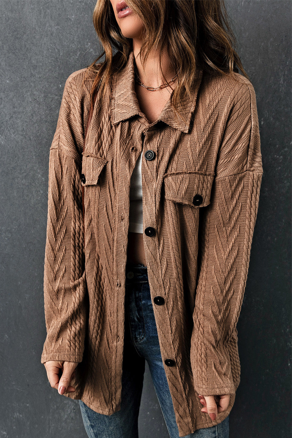 Oversize Textured Knit Button Front Shacket