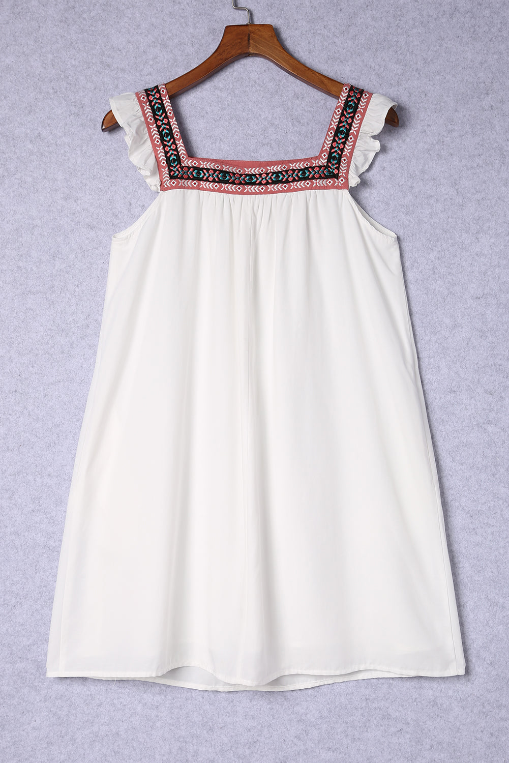 Frill Embroidered Square Neck Shift Dress