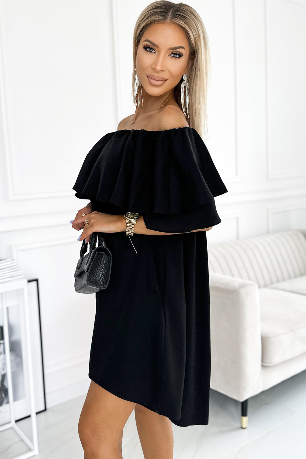 Off The Shoulder Ruffle Casual Shift Dress