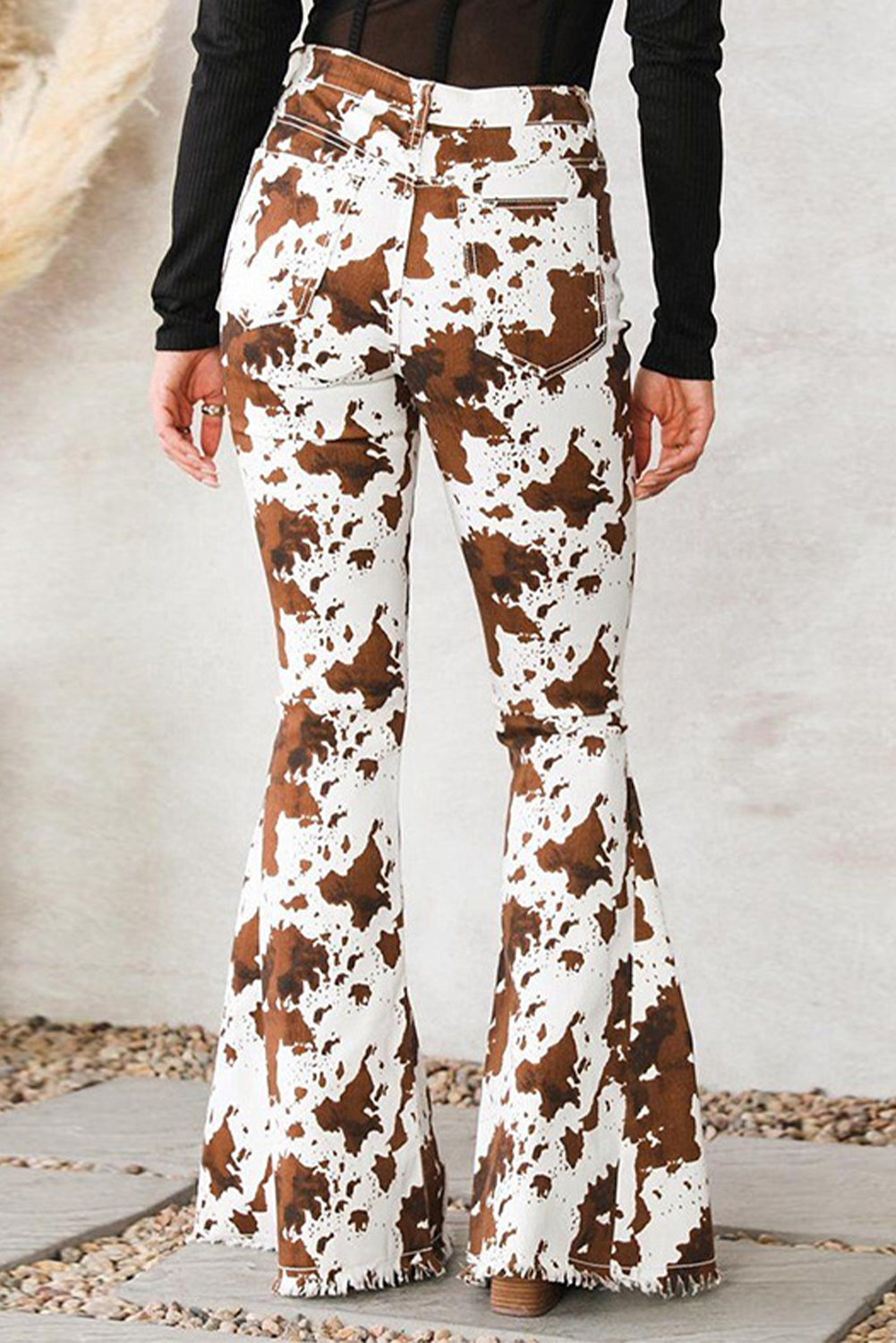 Abstract Print Raw Hem High Waist Flare Pants