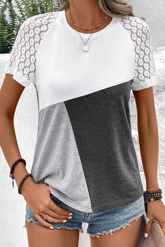 Color Block Lace Patchwork Short Sleeve T Shirt