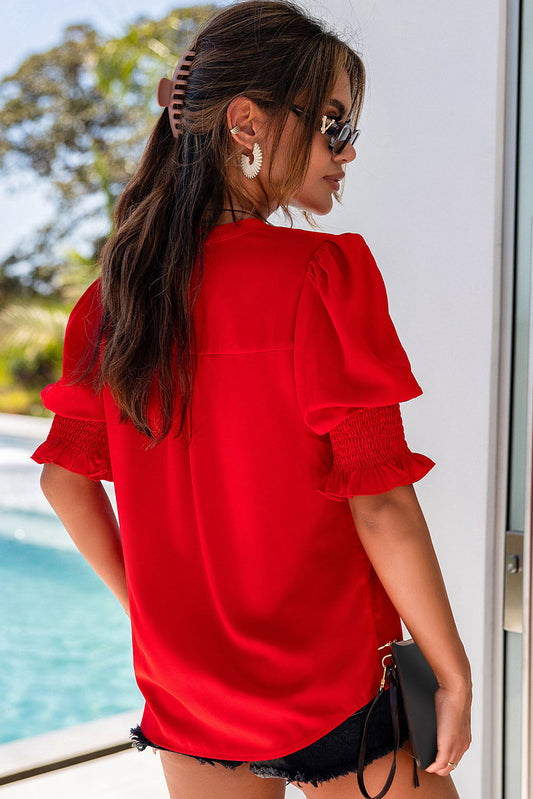 Solid Color Half Sleeve V Neck Blouse