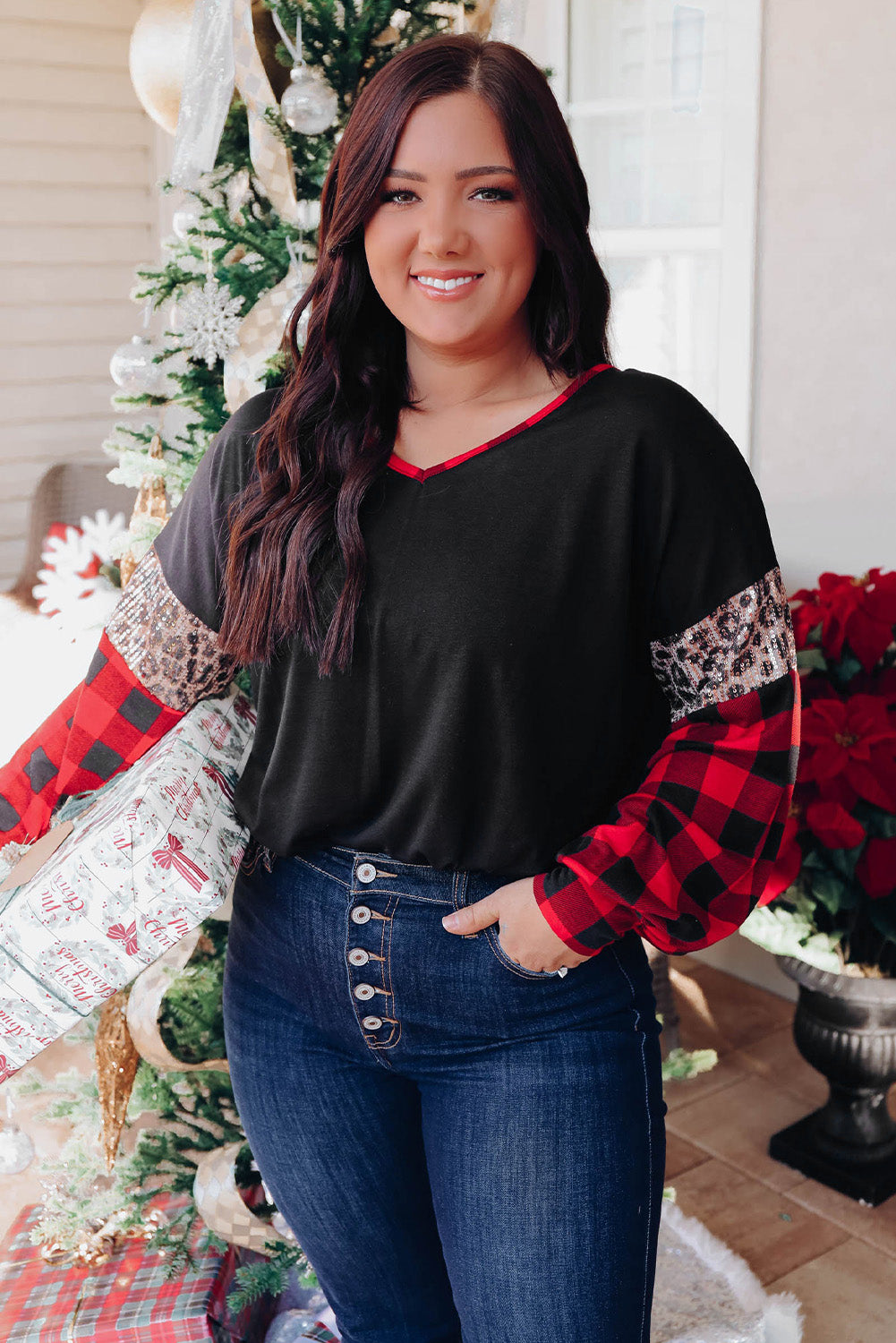 Christmas Tree Plaid Leopard Sequin Plus Size Top