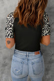 Leopard Color Block Cut Out Short Sleeve Top