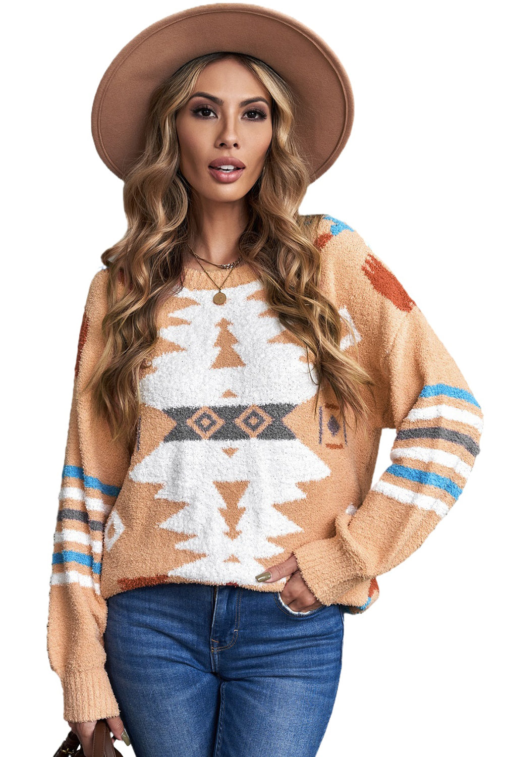 Aztec Print Long Sleeve Tunic Knitted Sweater