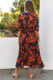 V Neck Wrap Pleated Maxi Floral Dress with Tie