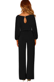 Boat Neck Bubble Sleeve Straight Legs Jumpsuit with Belt Tie