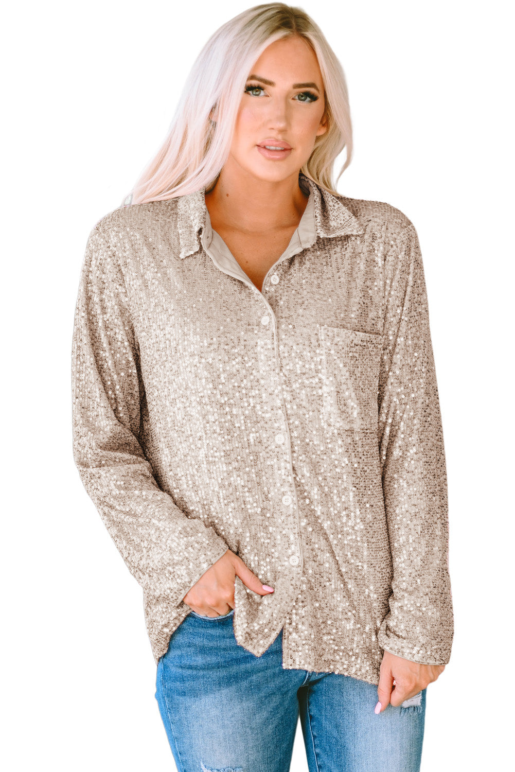 Sequin Collared Bust Pocket Buttoned Shirt