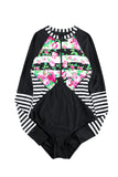 Floral Striped Patchwork Rashguard One-piece Swimsuit