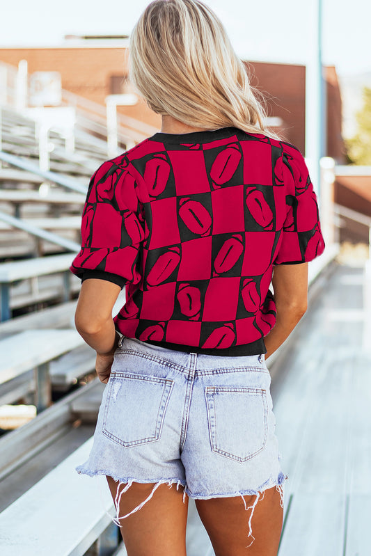 Red Rugby Plaid Color Block Puff Short Sleeve Sweater