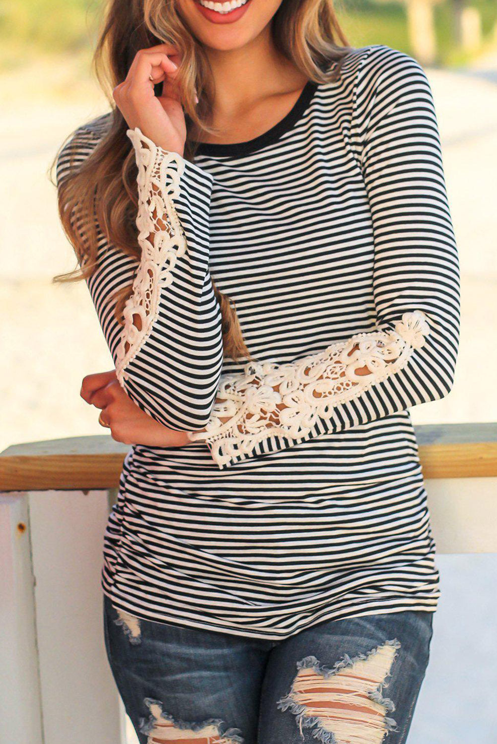 Stripe Lace Crochet Long Sleeve Top