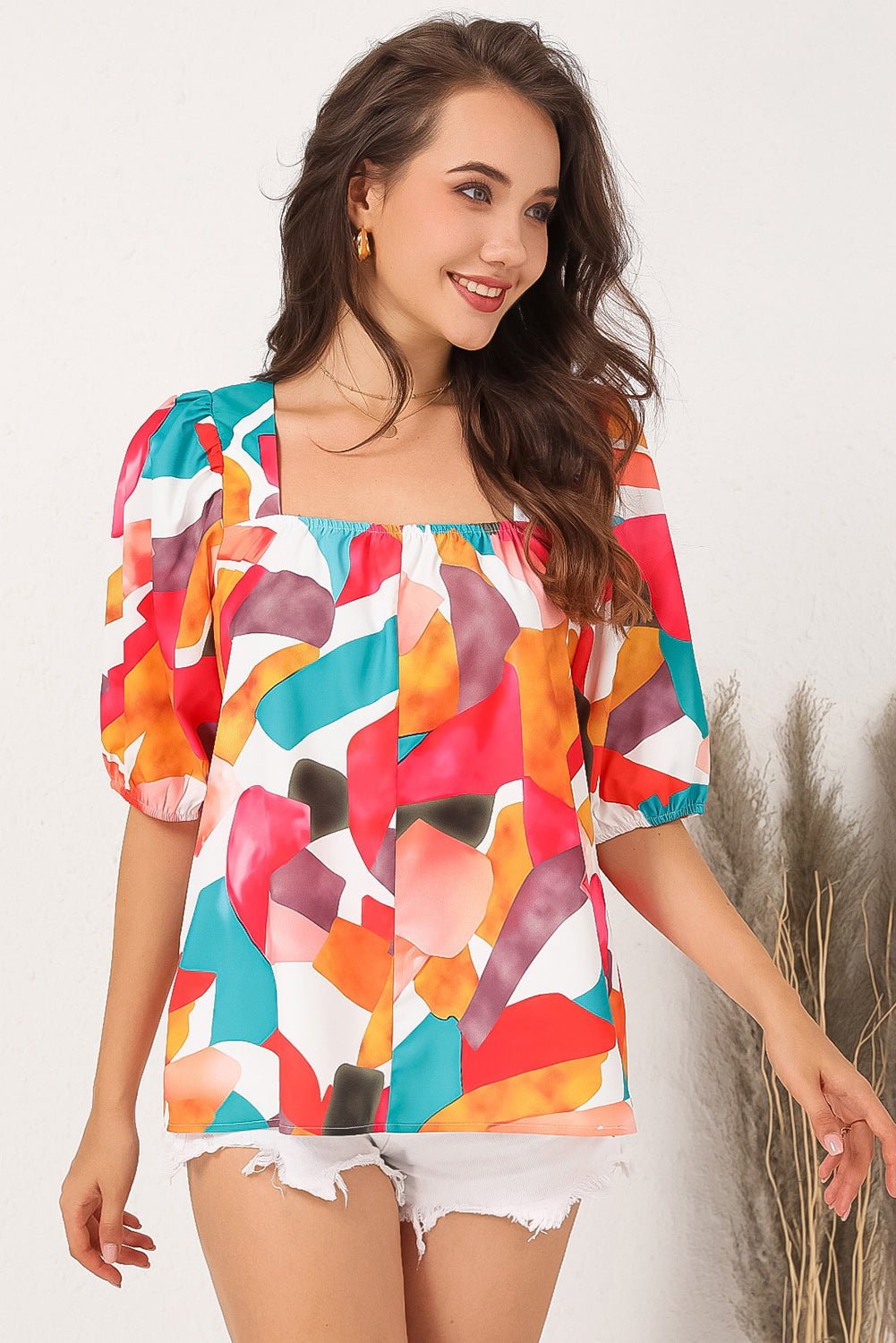 Square Neck Abstract Print Short Sleeve Blouse