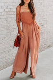 Retro Washed Spaghetti Straps Smocked Wide Leg Jumpsuit