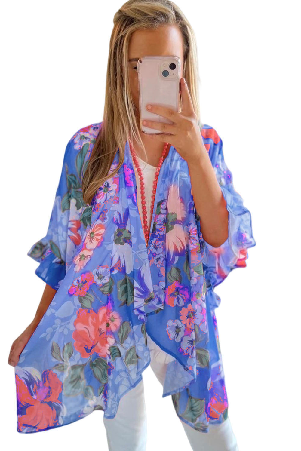 Floral Print Ruffled 3/4 Sleeve Loose Fit Kimono