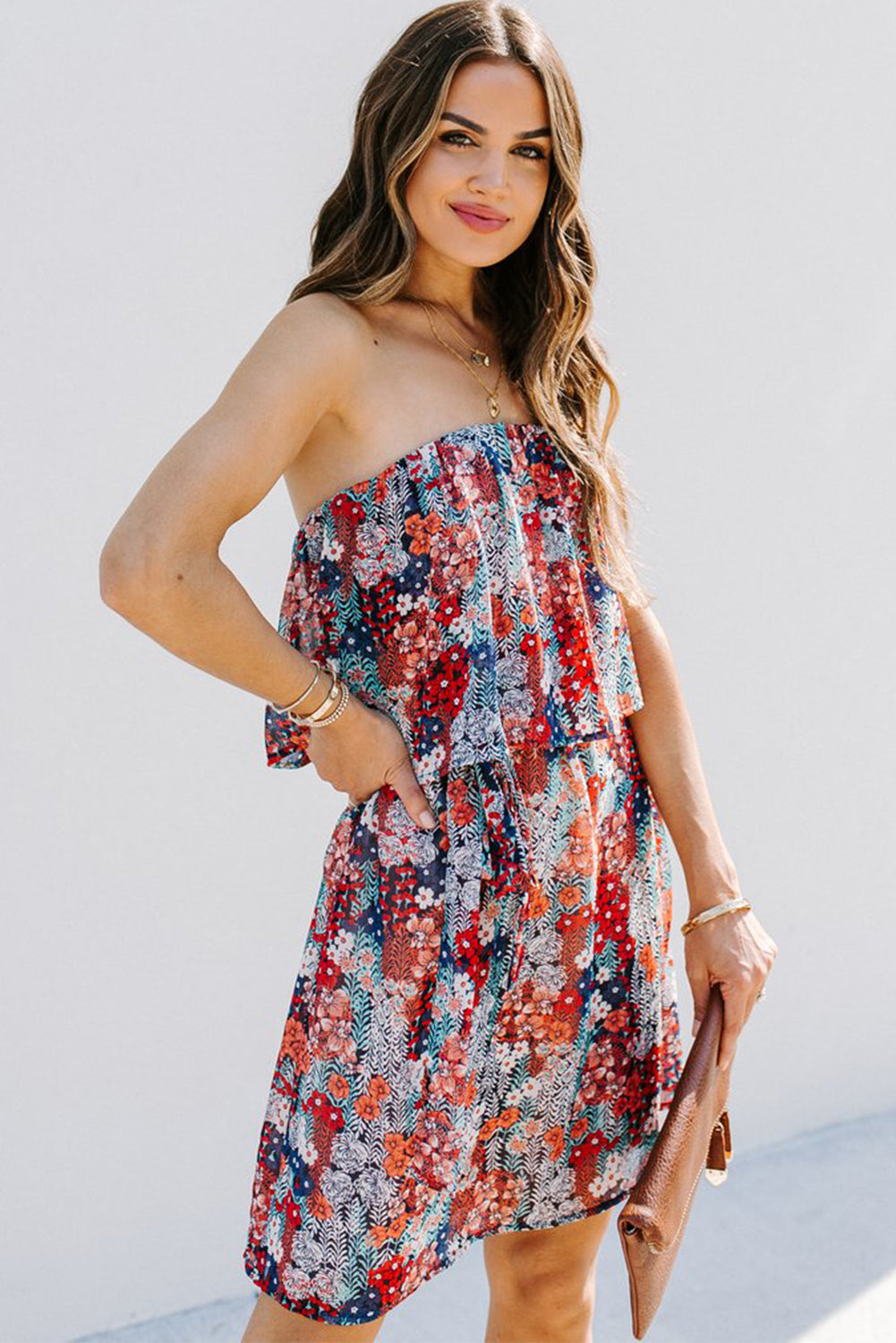 Floral Print Tiered Ruffled Bandeau Mini Dress