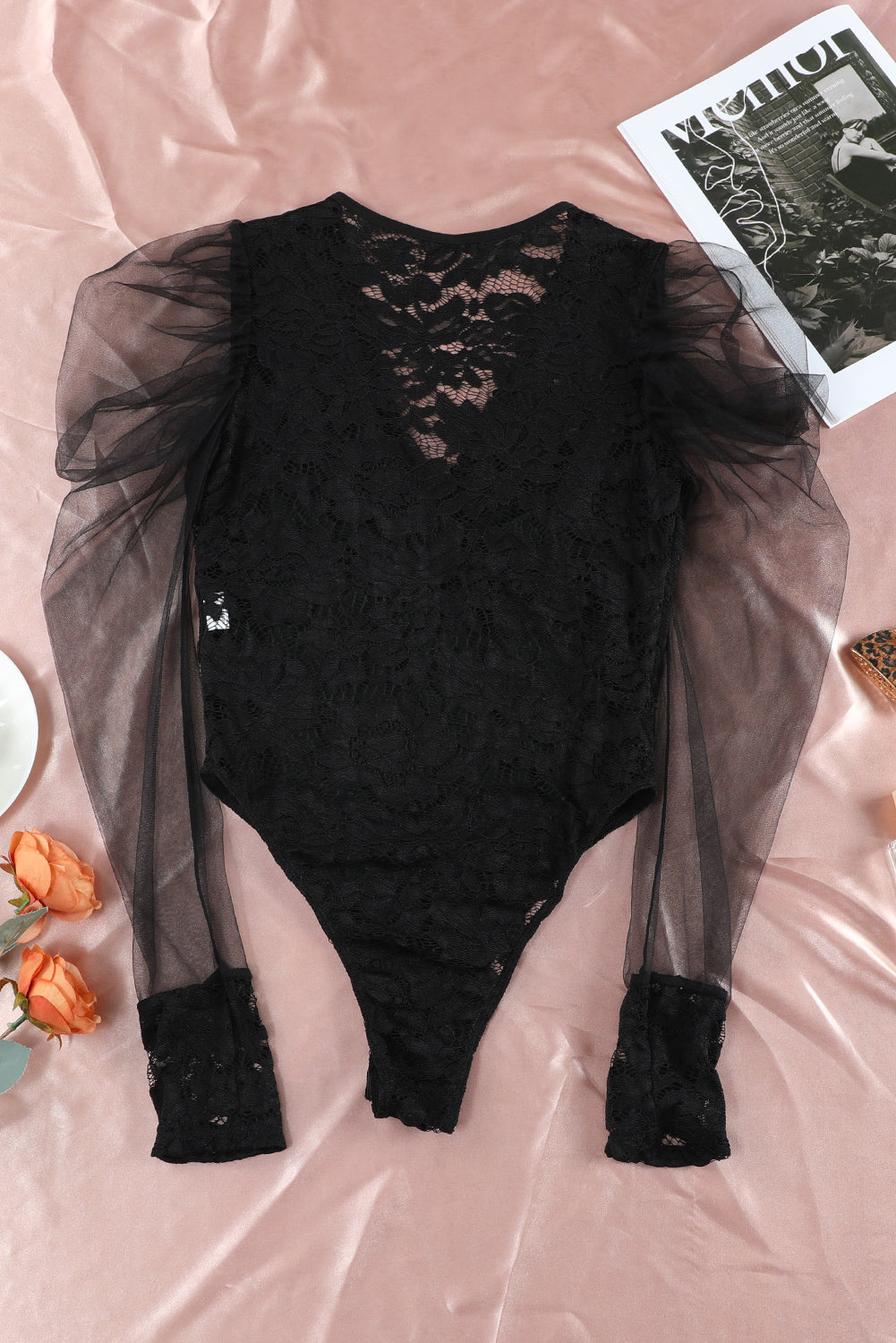 V Neck Lace Sheer Puff Sleeve Bodysuit