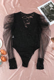 V Neck Lace Sheer Puff Sleeve Bodysuit