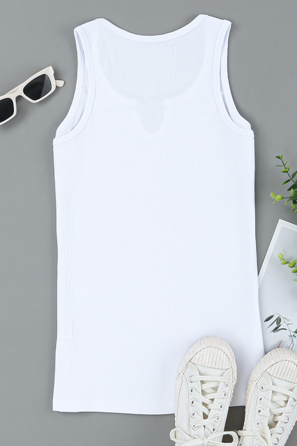 Split Neck Ribbed Knit Tank Top