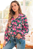 Green Floral Printed Tied Collar Puff Sleeve Blouse