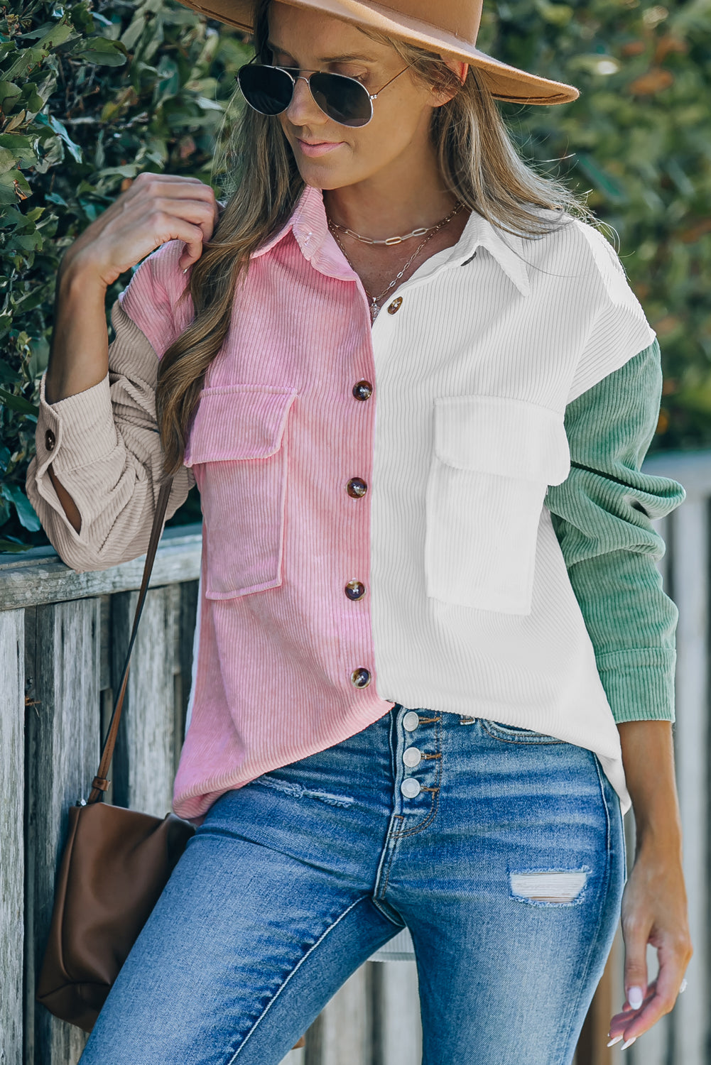 Pink Color Block Button Shirt with Pocket