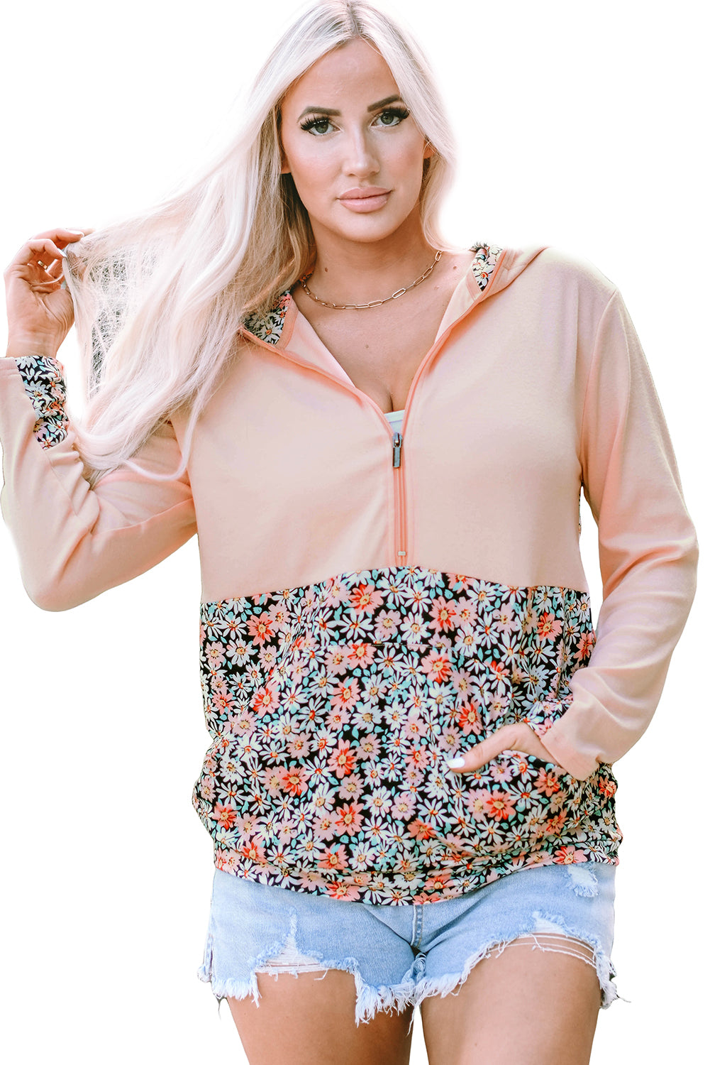 Sweat à capuche rose avec poche kangourou et patch floral à demi-zip