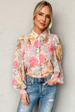 Pink Floral Print Tiered Ruffled Long Sleeve Blouse