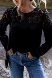 Black Lace Crochet Patchwork O Neck Long Sleeve Top